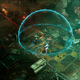 four players in the ascent playing coop and shooting robots in a cyberpunk world from an isometric perspective